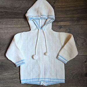 Vtg Blue Bird Sweater 18M White Light Blue Hooded Knit Zipper Back Pom Pom USA